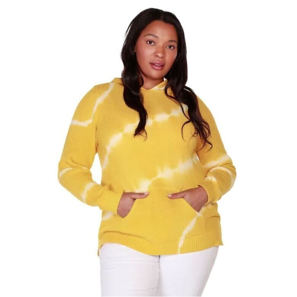 Belldini Women's Gracie Hooded Tie Dye Knit Sweater in Honey Gold & White Large